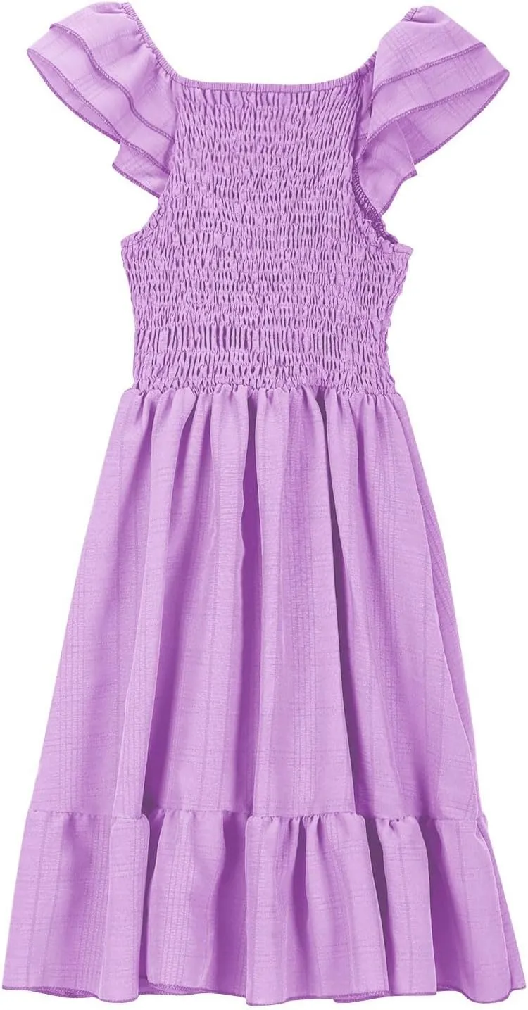 Girls Flying Sleeve Ruffle Trim Smocked Dress Summer Kids Solid Square Neck Casual Pleated Midi Dresses Outfits