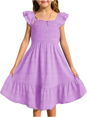 Girls Flying Sleeve Ruffle Trim Smocked Dress Summer Kids Solid Square Neck Casual Pleated Midi Dresses Outfits