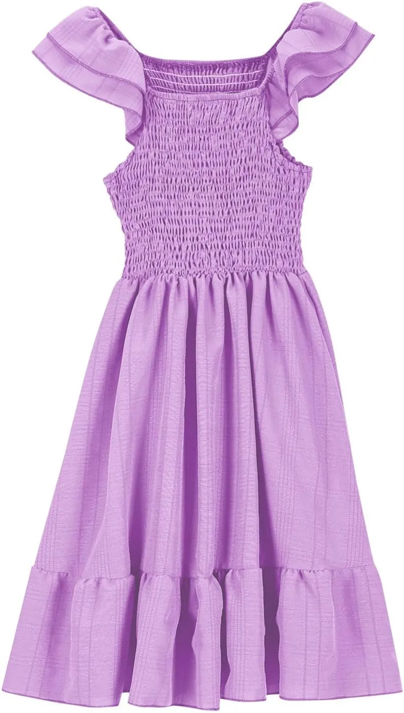 Girls Flying Sleeve Ruffle Trim Smocked Dress Summer Kids Solid Square Neck Casual Pleated Midi Dresses Outfits