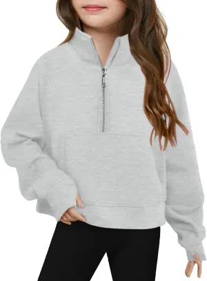Girls Half Zip Cropped Sweatshirts Long Sleeve Pullover Crop Tops Kids Girls Trendy Preppy Sweatshirt with Thumb Hole