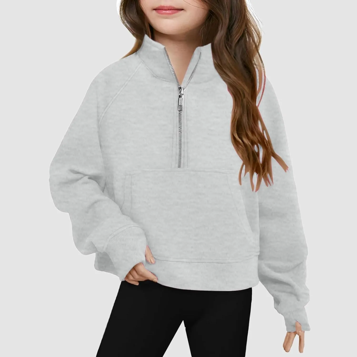 Girls Half Zip Cropped Sweatshirts Long Sleeve Pullover Crop Tops Kids Girls Trendy Preppy Sweatshirt with Thumb Hole