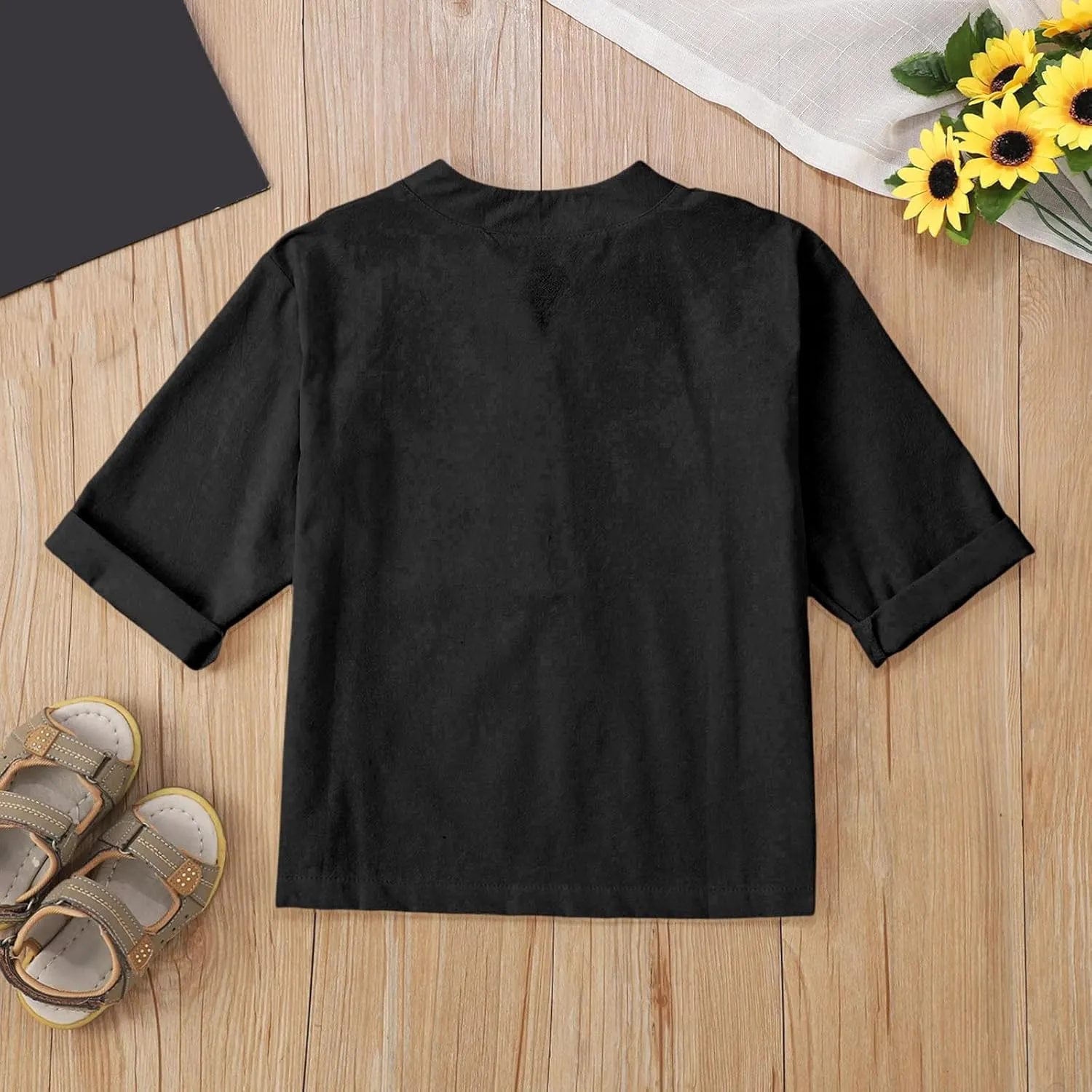Girls Linen Shirts Loose Fit Button Down Collar Cotton Blouses Teen Summer Lightweight Solid Tee Tops with Pockets