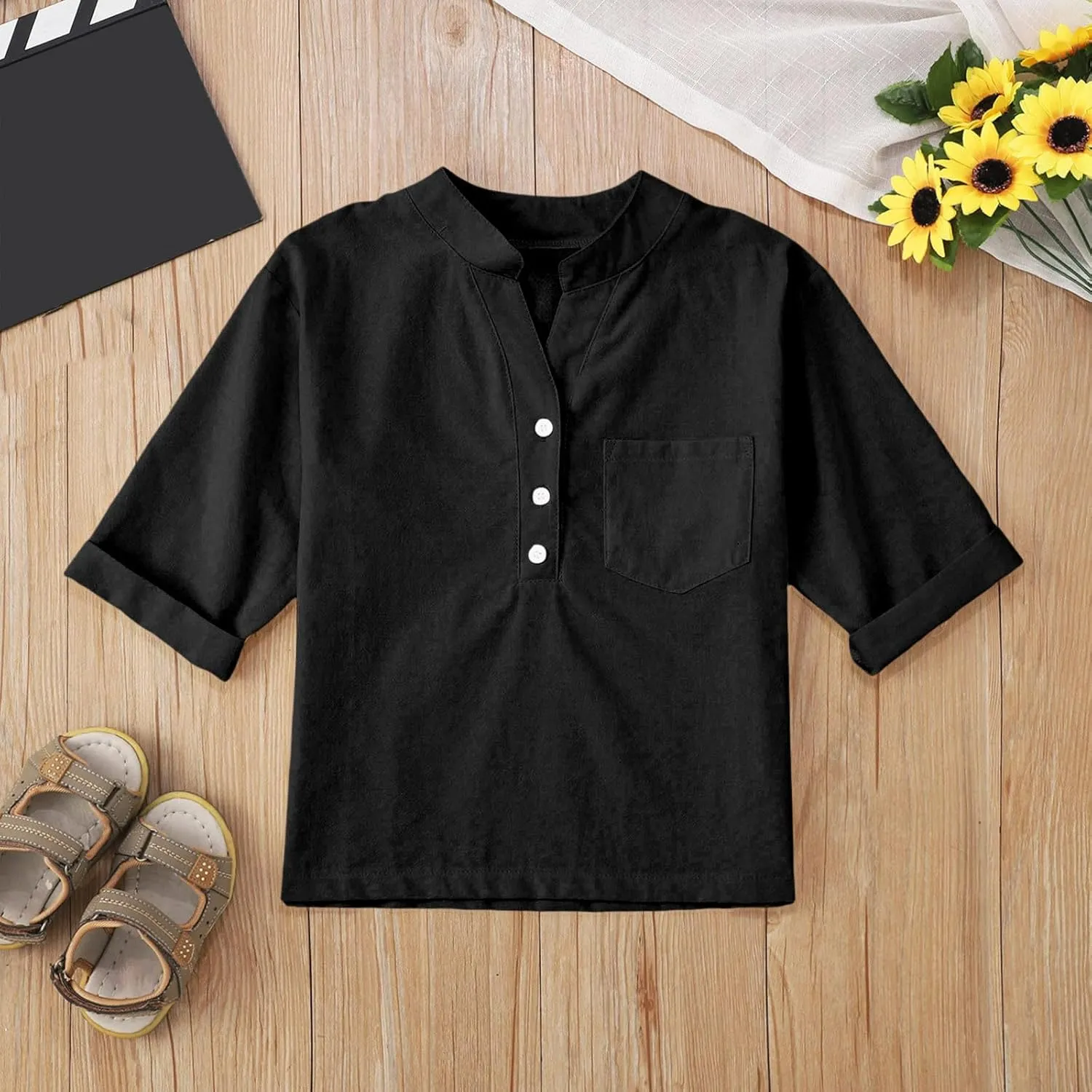 Girls Linen Shirts Loose Fit Button Down Collar Cotton Blouses Teen Summer Lightweight Solid Tee Tops with Pockets