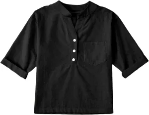 Girls Linen Shirts Loose Fit Button Down Collar Cotton Blouses Teen Summer Lightweight Solid Tee Tops with Pockets