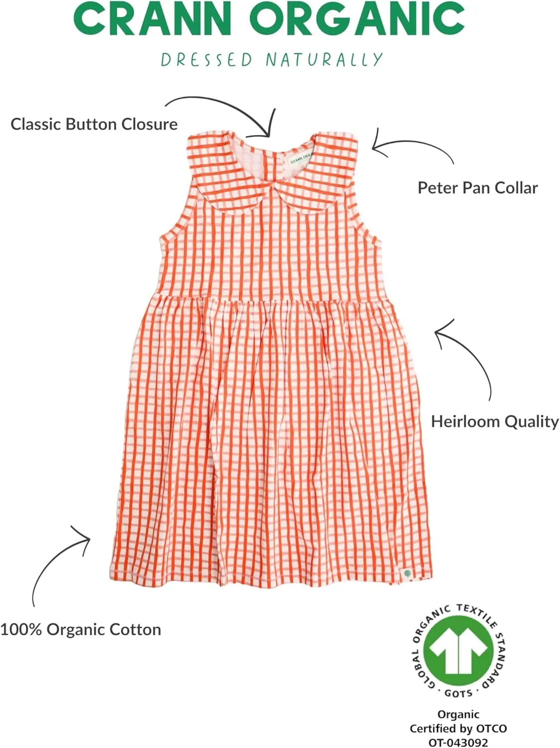 Girls' Organic Cotton Dress with Peter Pan Collar for Special Occassions and Play, Sizes 4-12