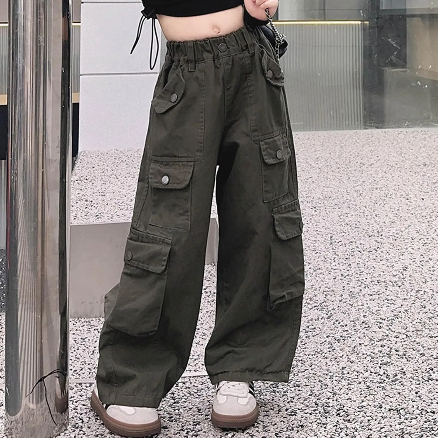 Girls Parachute Pants Y2k Cargo Pants for Girls Loose Jogger Trousers with Multi Pockets Streetwear Kids