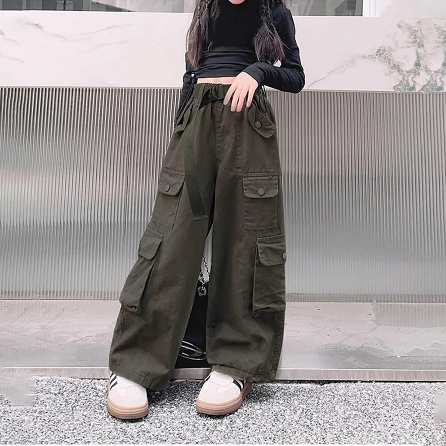 Girls Parachute Pants Y2k Cargo Pants for Girls Loose Jogger Trousers with Multi Pockets Streetwear Kids