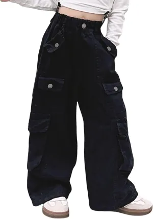 Girls Parachute Pants Y2k Cargo Pants for Girls Loose Jogger Trousers with Multi Pockets Streetwear Kids