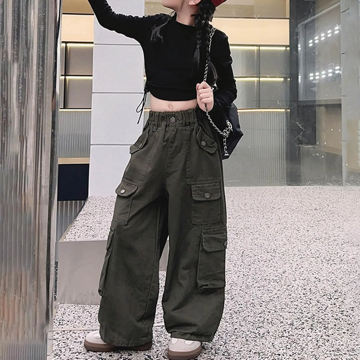 Girls Parachute Pants Y2k Cargo Pants for Girls Loose Jogger Trousers with Multi Pockets Streetwear Kids