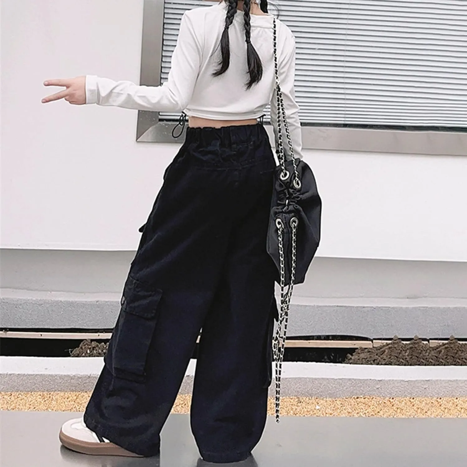 Girls Parachute Pants Y2k Cargo Pants for Girls Loose Jogger Trousers with Multi Pockets Streetwear Kids