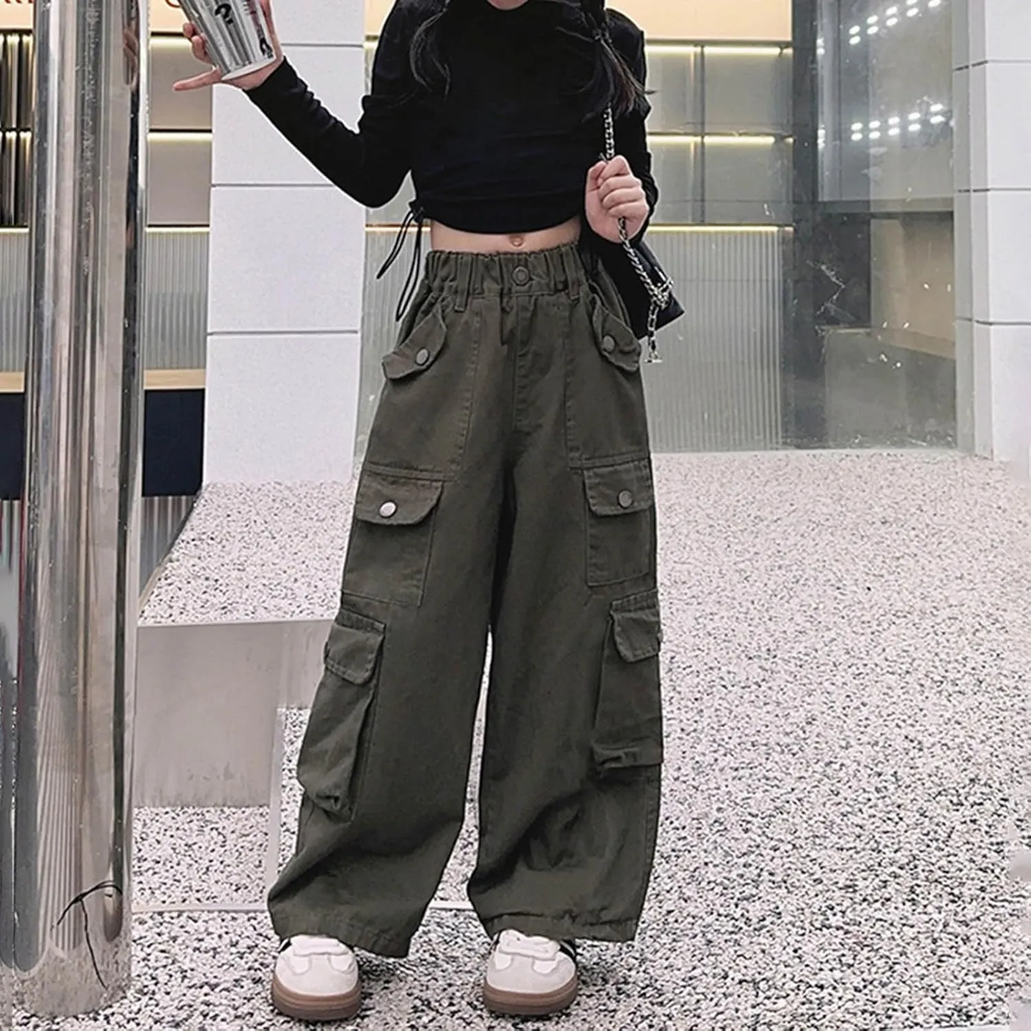 Girls Parachute Pants Y2k Cargo Pants for Girls Loose Jogger Trousers with Multi Pockets Streetwear Kids