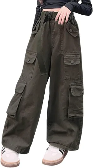 Girls Parachute Pants Y2k Cargo Pants for Girls Loose Jogger Trousers with Multi Pockets Streetwear Kids