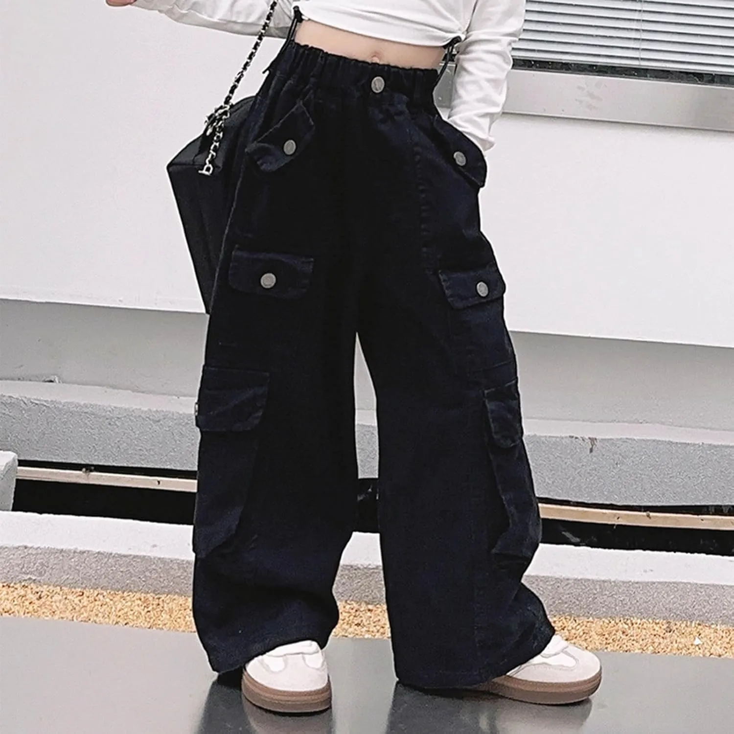 Girls Parachute Pants Y2k Cargo Pants for Girls Loose Jogger Trousers with Multi Pockets Streetwear Kids