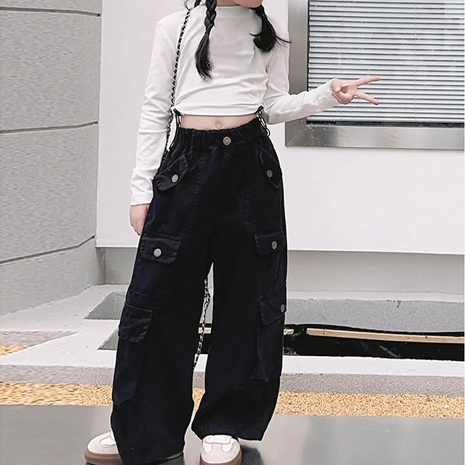 Girls Parachute Pants Y2k Cargo Pants for Girls Loose Jogger Trousers with Multi Pockets Streetwear Kids