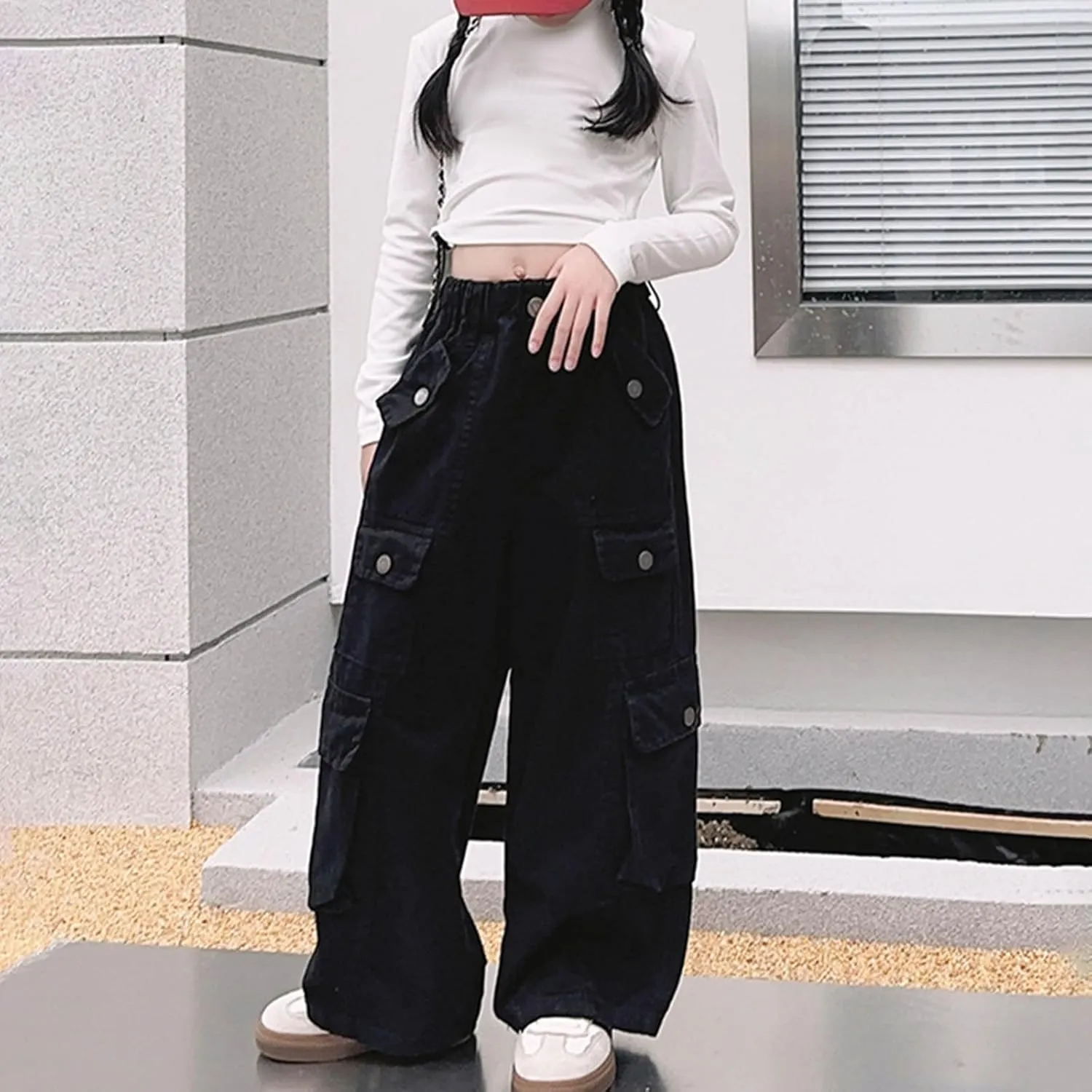 Girls Parachute Pants Y2k Cargo Pants for Girls Loose Jogger Trousers with Multi Pockets Streetwear Kids