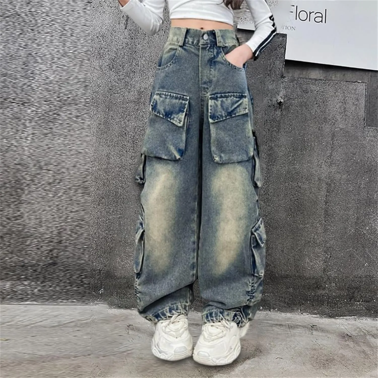 Girl's&Women's Cargo Pants Elastic Waist Drawstring Tapered Multi Pockets Cargo Jogger Pants Cargo Pants