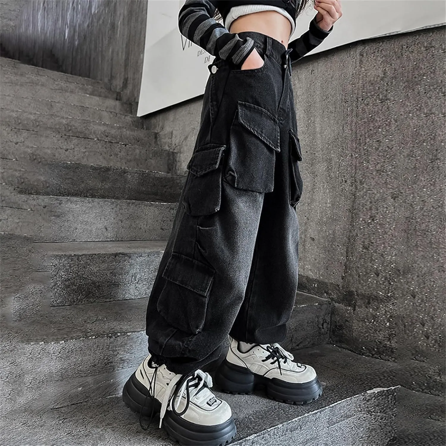 Girl's&Women's Cargo Pants Elastic Waist Drawstring Tapered Multi Pockets Cargo Jogger Pants Cargo Pants