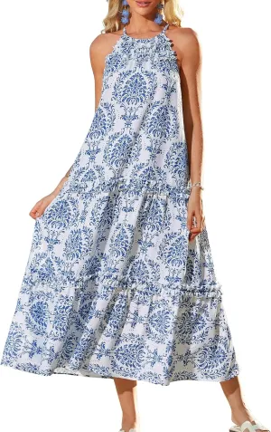 GRACE KARIN Women's Maxi Boho Dress Casual Summer Loose Long Floral Sundresses Flowy Halter Tiered Beach Vacation Outfits
