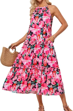 GRACE KARIN Women's Maxi Boho Dress Casual Summer Loose Long Floral Sundresses Flowy Halter Tiered Beach Vacation Outfits
