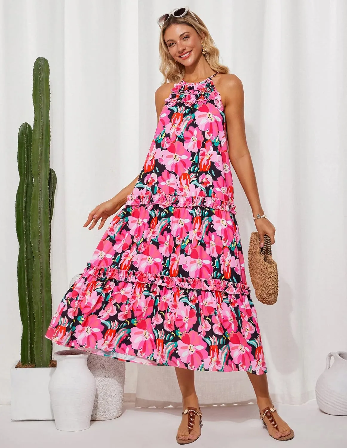 GRACE KARIN Women's Maxi Boho Dress Casual Summer Loose Long Floral Sundresses Flowy Halter Tiered Beach Vacation Outfits