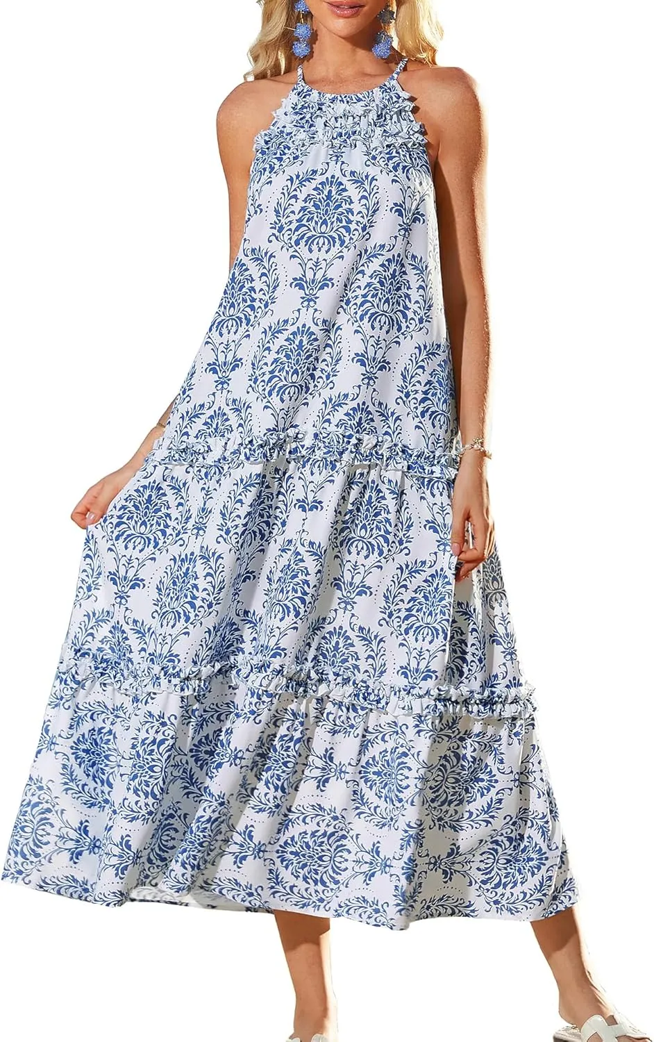 GRACE KARIN Women's Maxi Boho Dress Casual Summer Loose Long Floral Sundresses Flowy Halter Tiered Beach Vacation Outfits