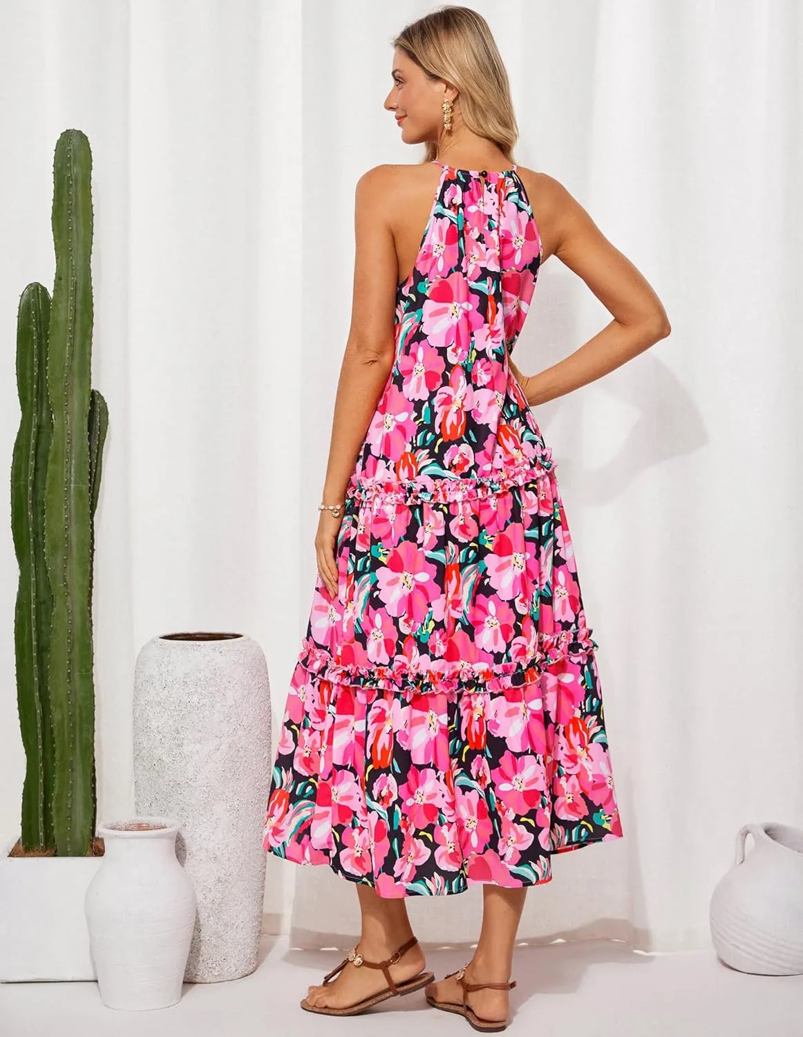 GRACE KARIN Women's Maxi Boho Dress Casual Summer Loose Long Floral Sundresses Flowy Halter Tiered Beach Vacation Outfits