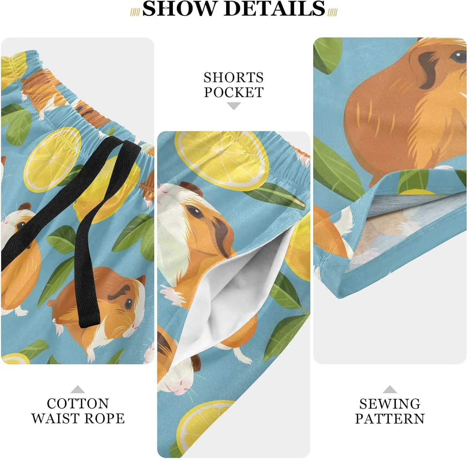 Guinea Pig Lemon Mens Pajama Shorts Soft Pants Lounge Sleepwear Bottoms with Drawstring & Pockets