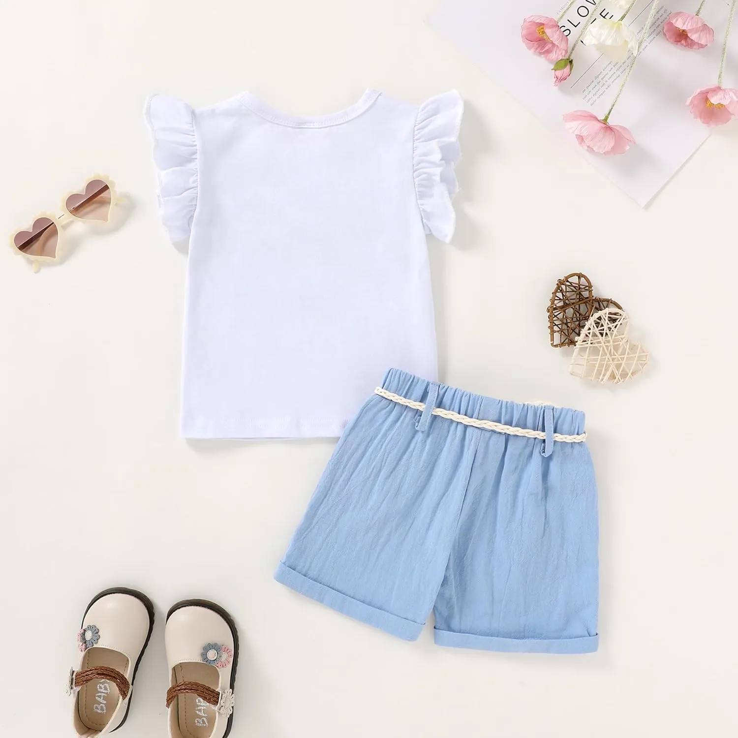 Happy Town Toddler Baby Girl Summer Clothes Ruffle Sleeve Cartoon T Shirt Linen Short Sets with Belt Cute Outfits