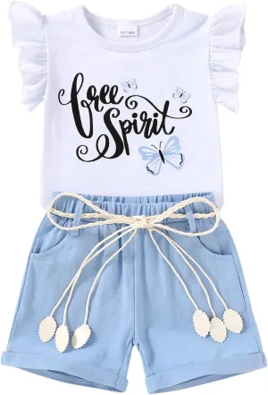Happy Town Toddler Baby Girl Summer Clothes Ruffle Sleeve Cartoon T Shirt Linen Short Sets with Belt Cute Outfits