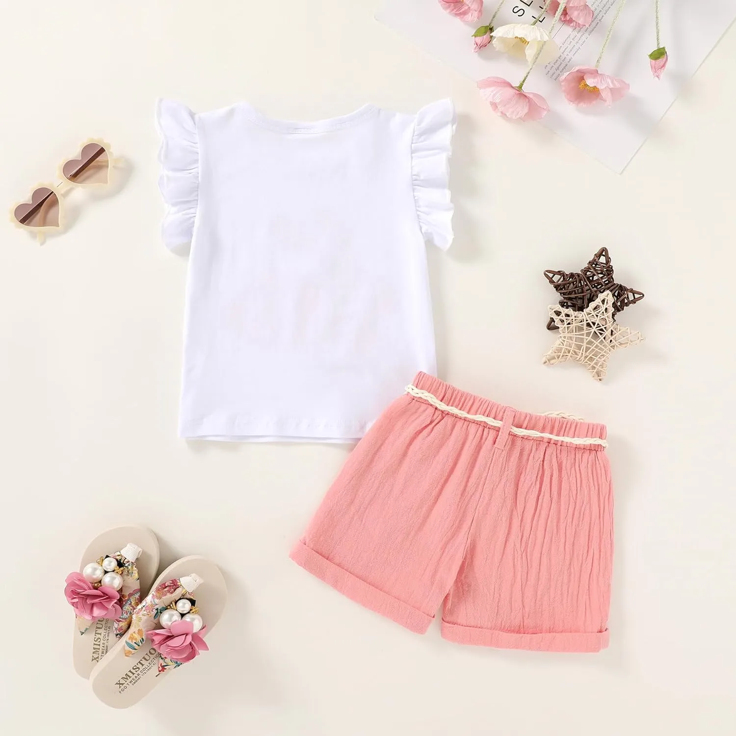 Happy Town Toddler Baby Girl Summer Clothes Ruffle Sleeve Cartoon T Shirt Linen Short Sets with Belt Cute Outfits