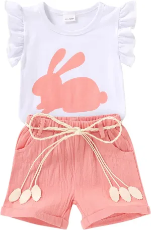 Happy Town Toddler Baby Girl Summer Clothes Ruffle Sleeve Cartoon T Shirt Linen Short Sets with Belt Cute Outfits