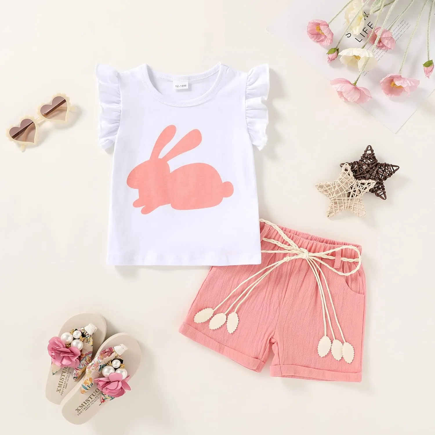 Happy Town Toddler Baby Girl Summer Clothes Ruffle Sleeve Cartoon T Shirt Linen Short Sets with Belt Cute Outfits