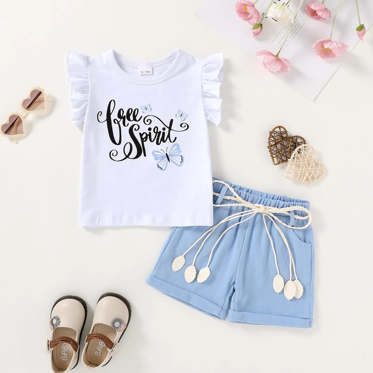 Happy Town Toddler Baby Girl Summer Clothes Ruffle Sleeve Cartoon T Shirt Linen Short Sets with Belt Cute Outfits