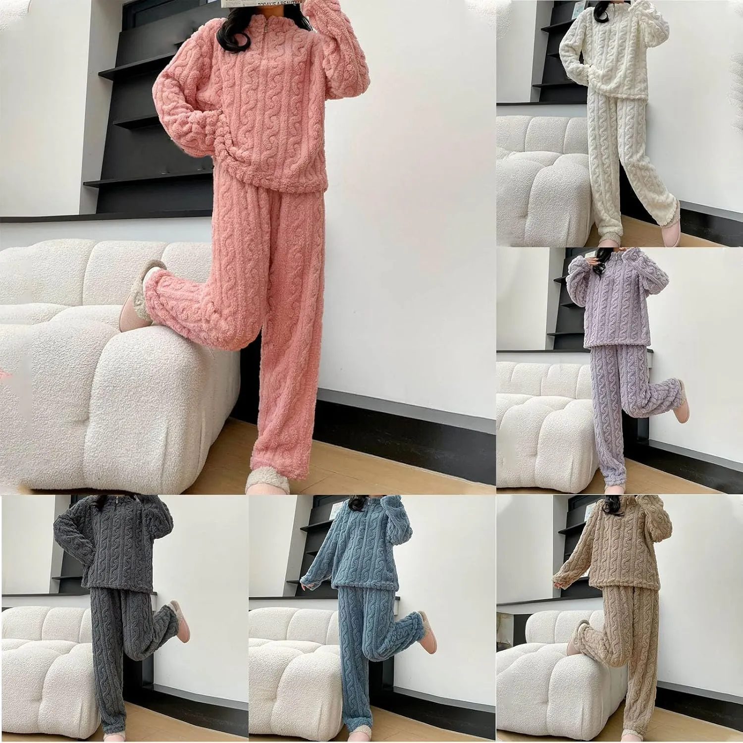 HGps8w Fuzzy Fleece Pajamas for Women Long Sleeve Sleepwear Pullover Loose Flannel Top Long Pants Winter Warm Pjs Lounge Sets