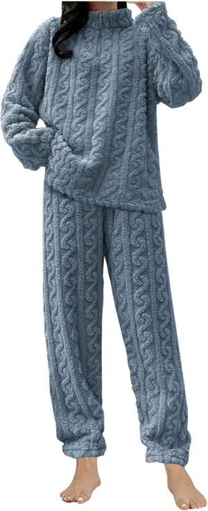 HGps8w Fuzzy Fleece Pajamas for Women Long Sleeve Sleepwear Pullover Loose Flannel Top Long Pants Winter Warm Pjs Lounge Sets