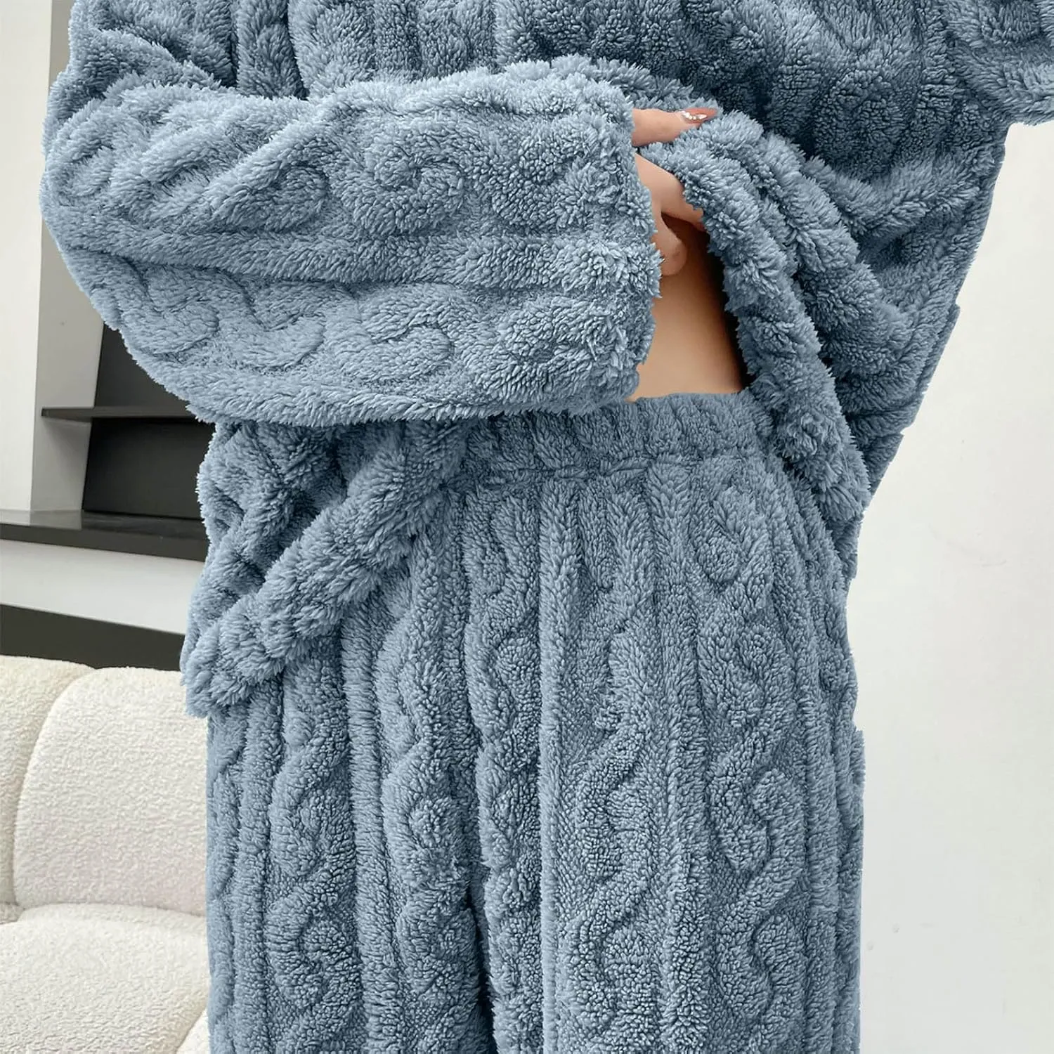 HGps8w Fuzzy Fleece Pajamas for Women Long Sleeve Sleepwear Pullover Loose Flannel Top Long Pants Winter Warm Pjs Lounge Sets