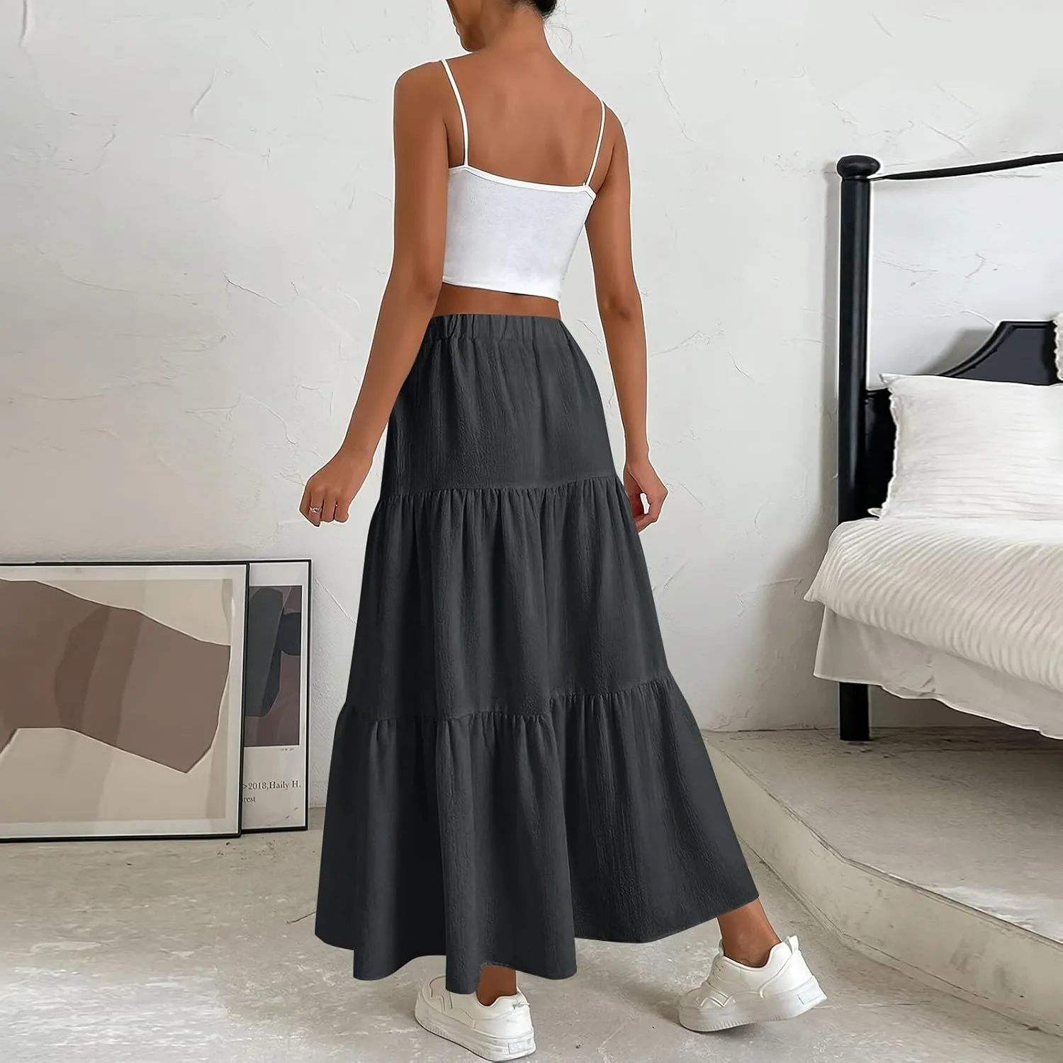 High Waisted Maxi Skirt for Women Summer Tiered Elastic Elegant Skirts Ruffle A Line Skirt Swing Long Skirts (S-2Xl)