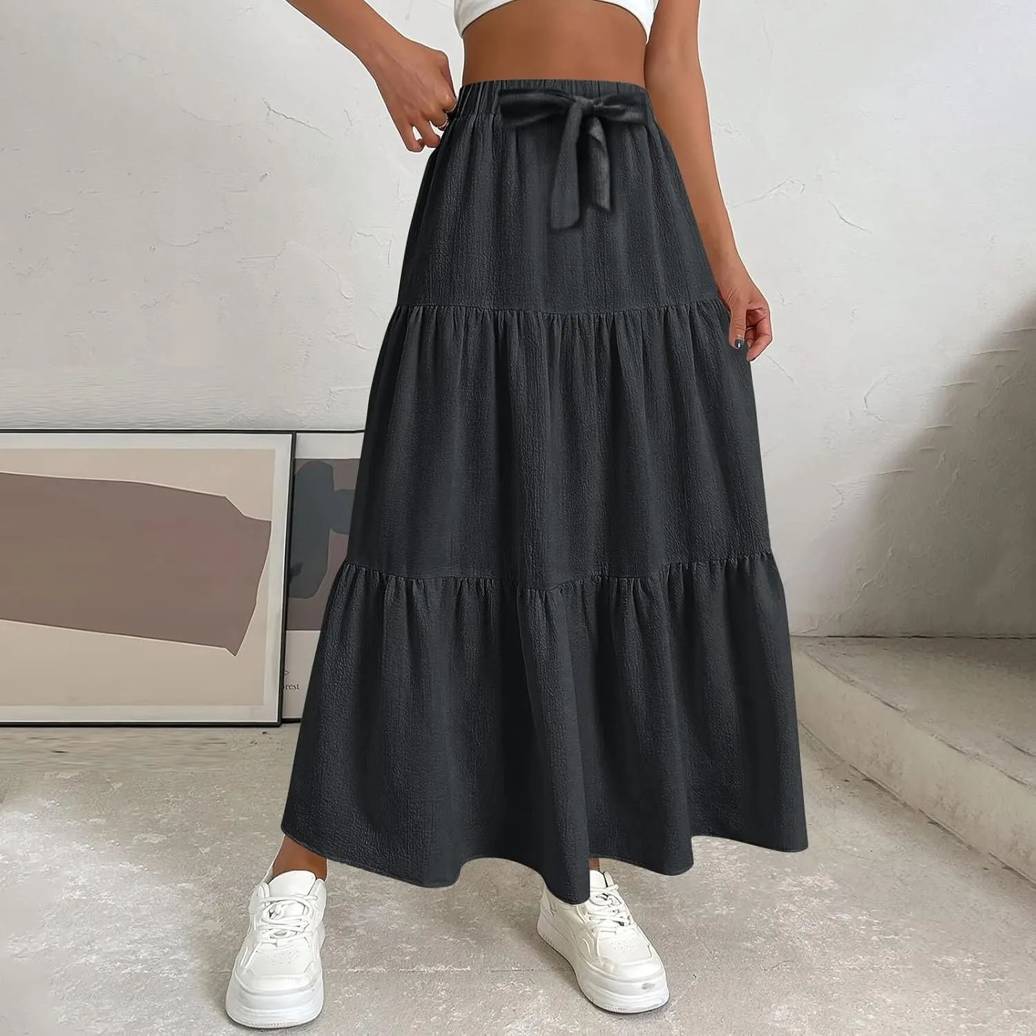 High Waisted Maxi Skirt for Women Summer Tiered Elastic Elegant Skirts Ruffle A Line Skirt Swing Long Skirts (S-2Xl)