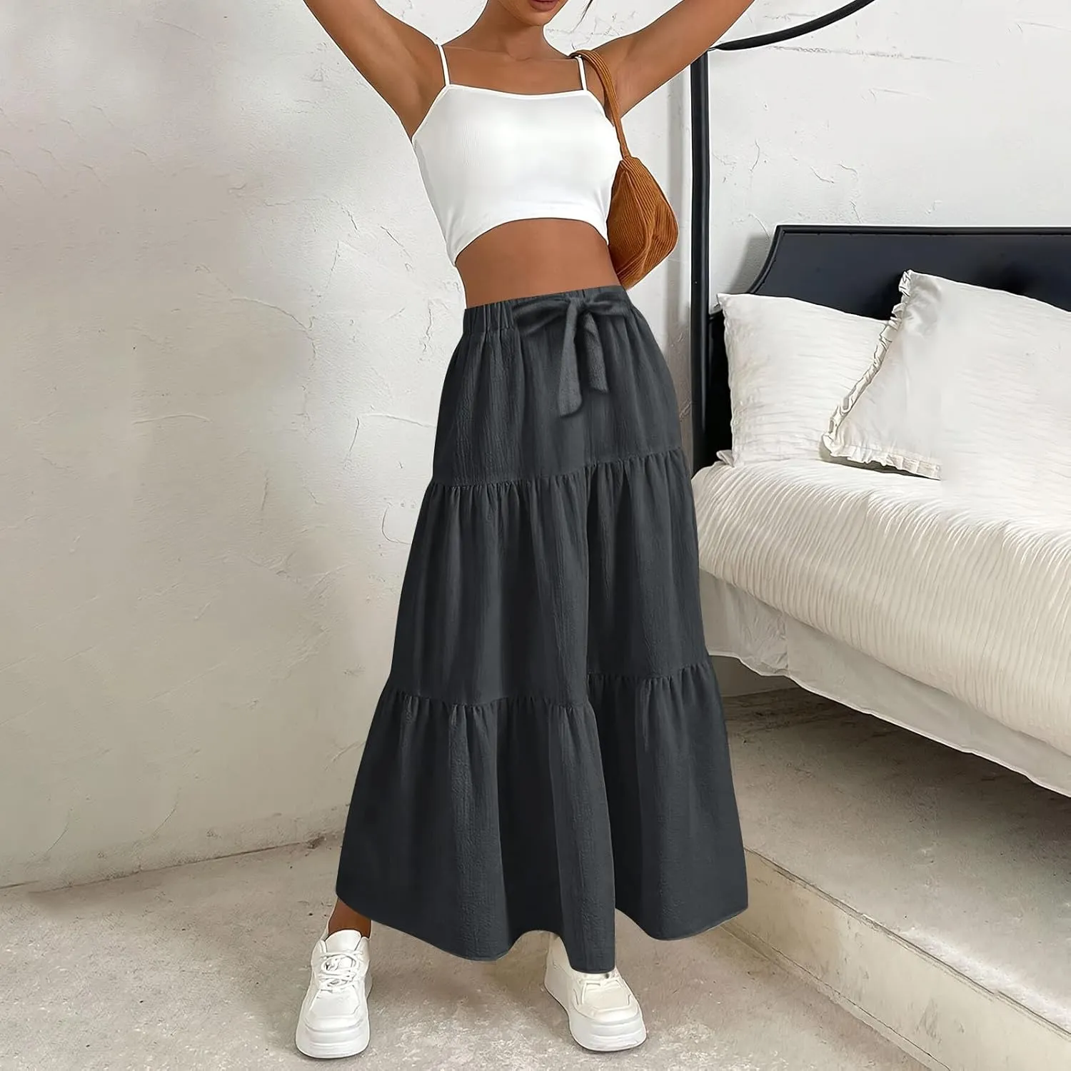 High Waisted Maxi Skirt for Women Summer Tiered Elastic Elegant Skirts Ruffle A Line Skirt Swing Long Skirts (S-2Xl)