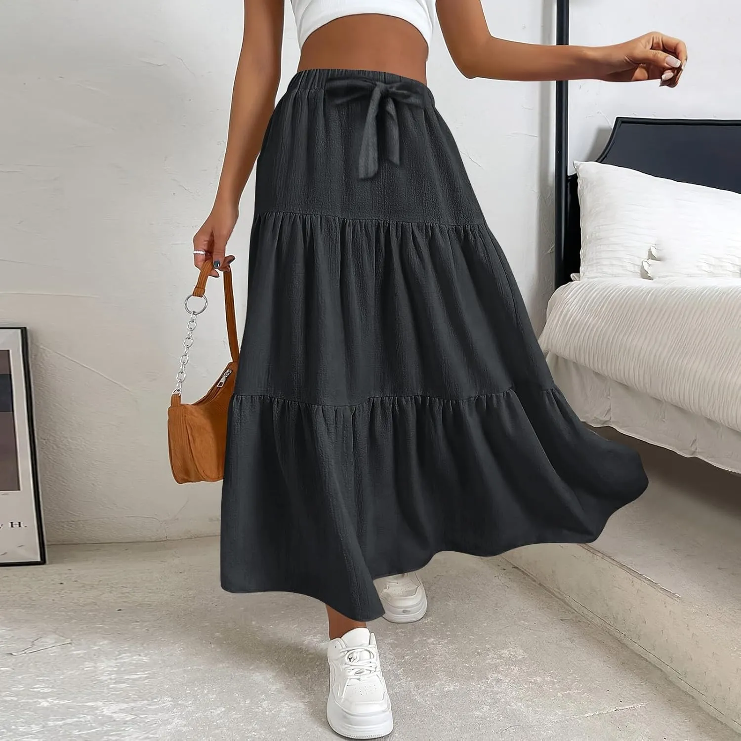 High Waisted Maxi Skirt for Women Summer Tiered Elastic Elegant Skirts Ruffle A Line Skirt Swing Long Skirts (S-2Xl)