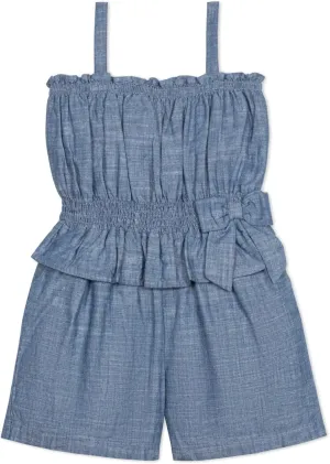 Hope & Henry Baby Girls Girls' Organic Sleeveless Smocked Waist Chambray Romper, 12-18 Months, Blue Chambray