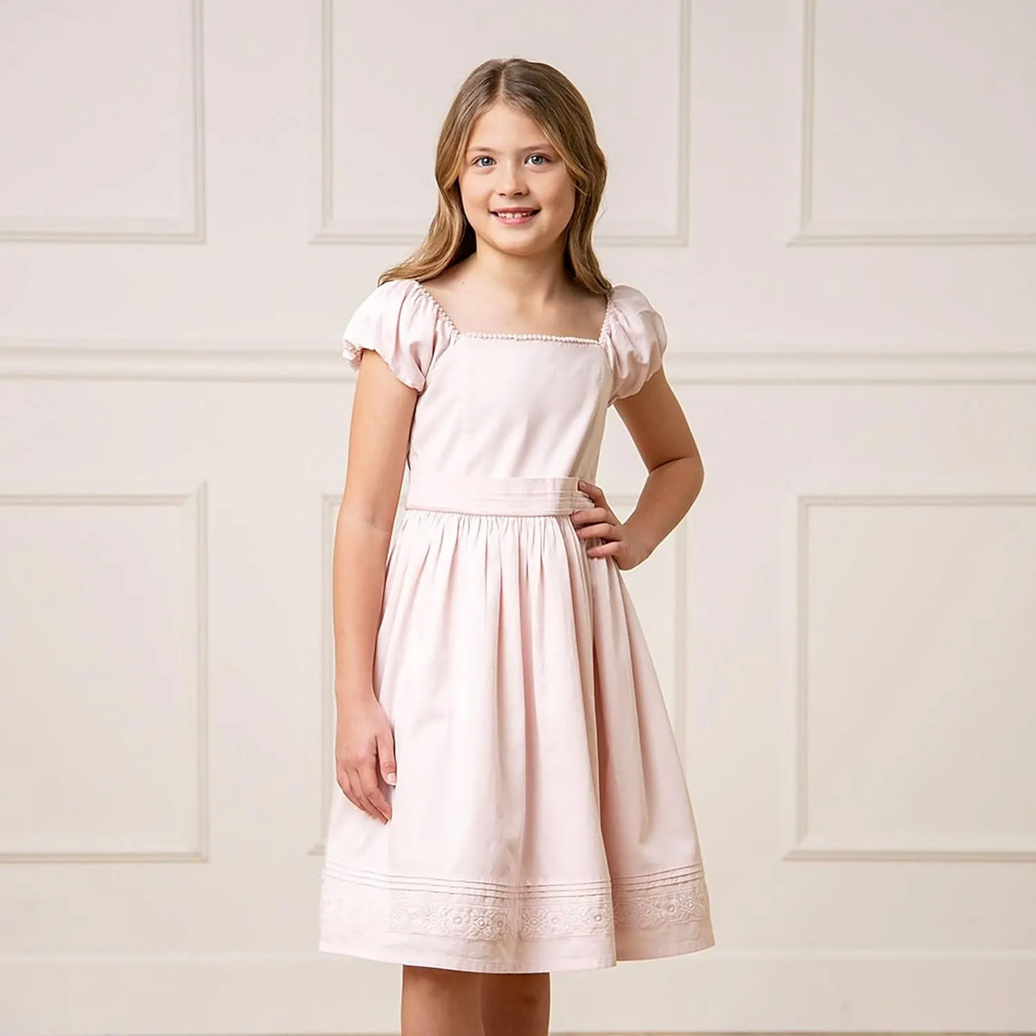 Hope & Henry Girls' Sleeveless Special Occasion Sun Dress with Bow Back Detail and Embroidery