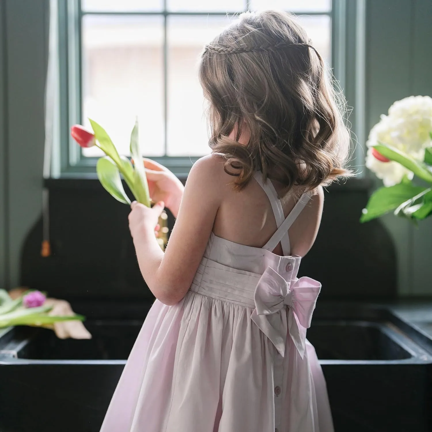 Hope & Henry Girls' Sleeveless Special Occasion Sun Dress with Bow Back Detail and Embroidery