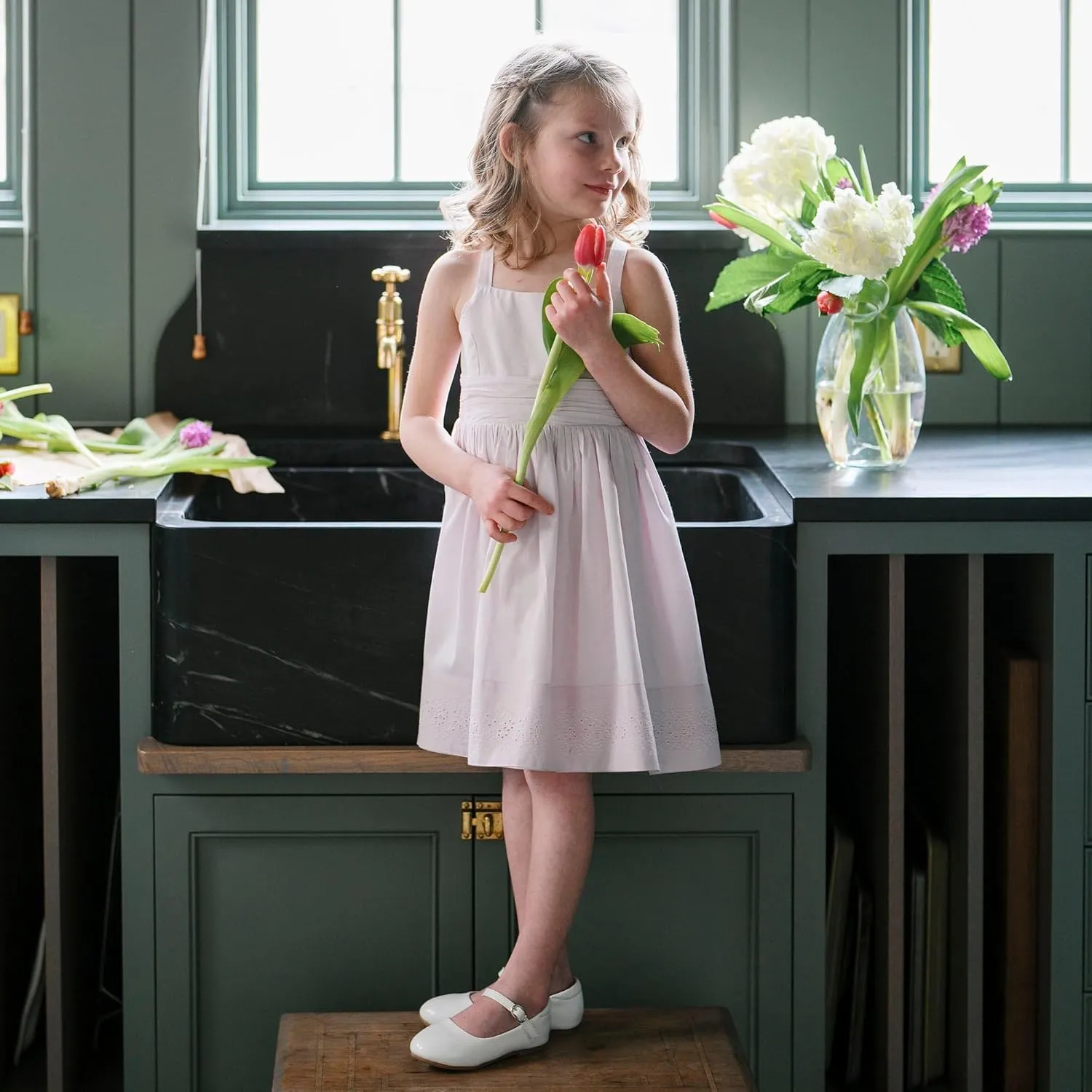 Hope & Henry Girls' Sleeveless Special Occasion Sun Dress with Bow Back Detail and Embroidery