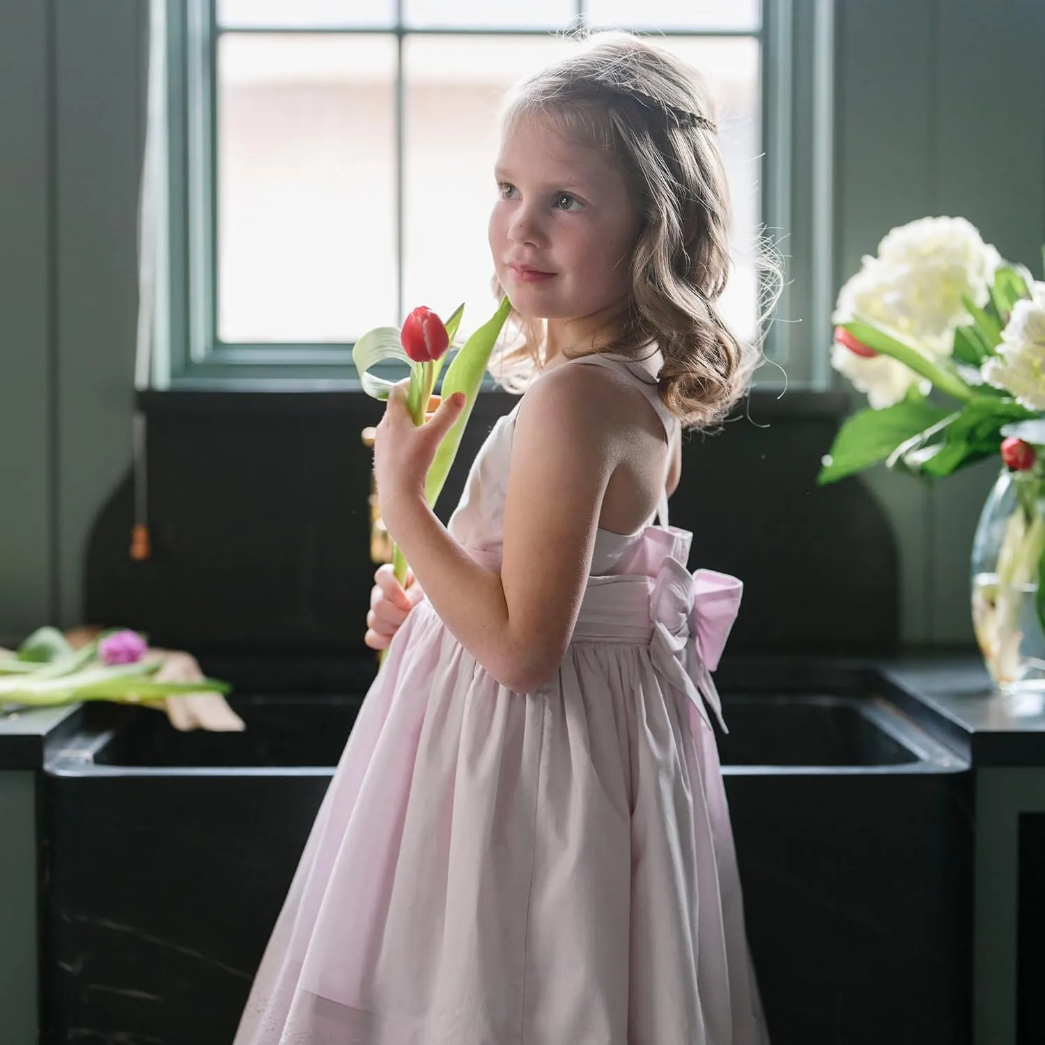 Hope & Henry Girls' Sleeveless Special Occasion Sun Dress with Bow Back Detail and Embroidery