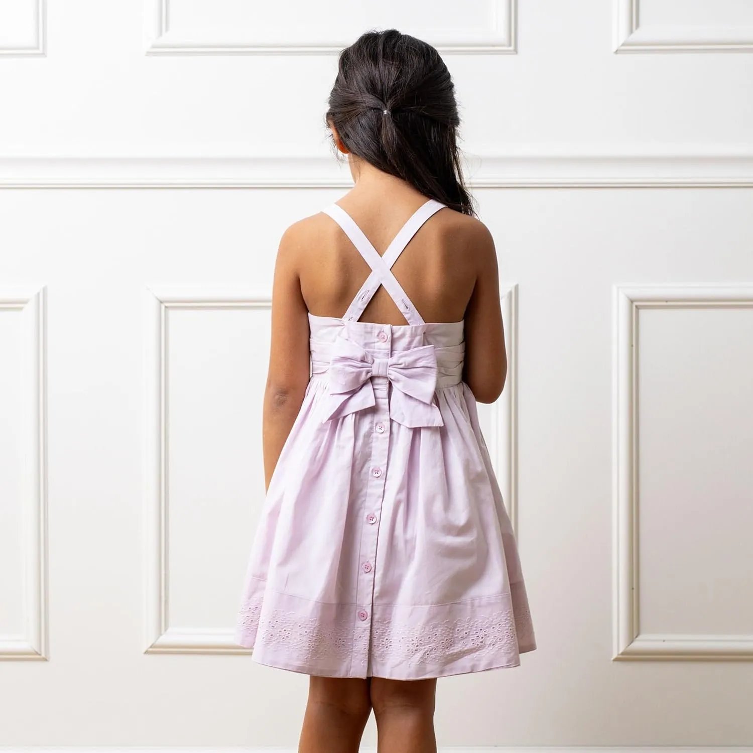 Hope & Henry Girls' Sleeveless Special Occasion Sun Dress with Bow Back Detail and Embroidery