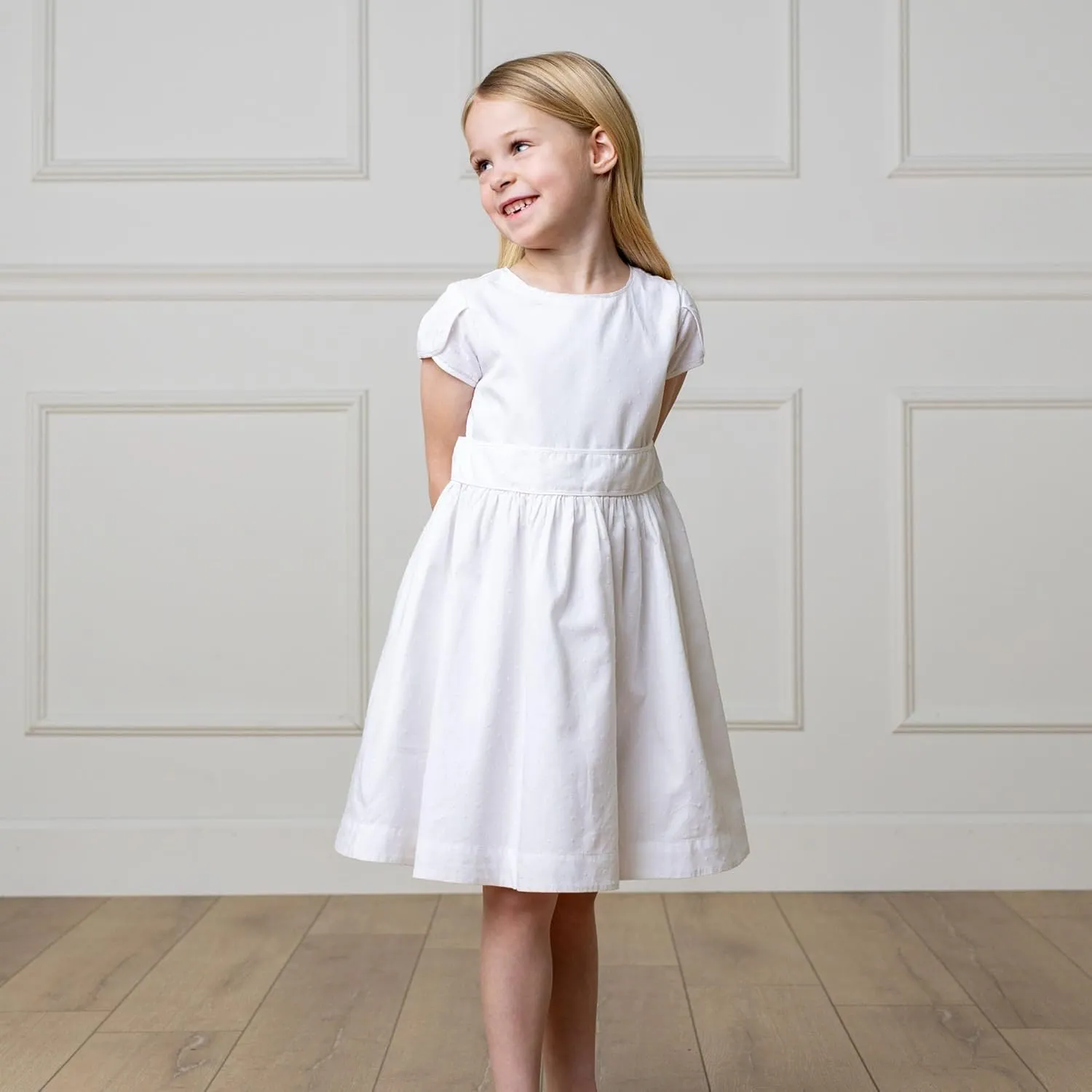 Hope & Henry Layette Baby Girl Woven Short Sleeve Dress with Peter Pan Collar