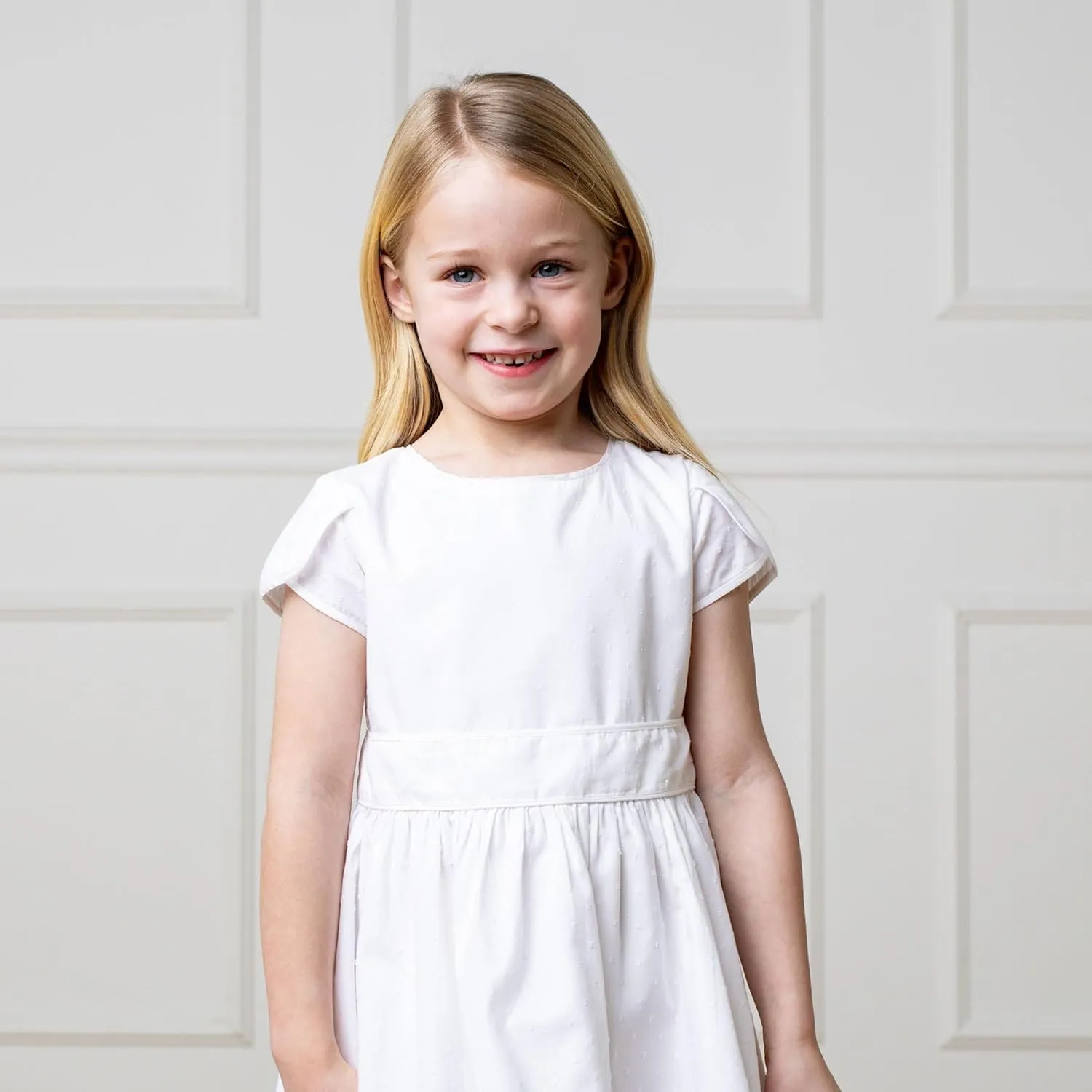 Hope & Henry Layette Baby Girl Woven Short Sleeve Dress with Peter Pan Collar