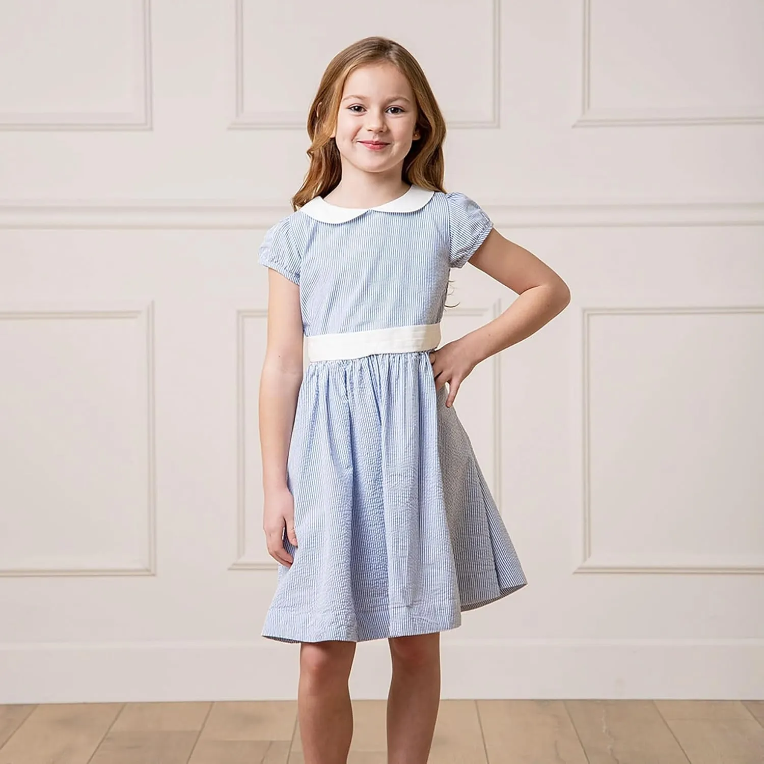Hope & Henry Layette Baby Girl Woven Short Sleeve Dress with Peter Pan Collar