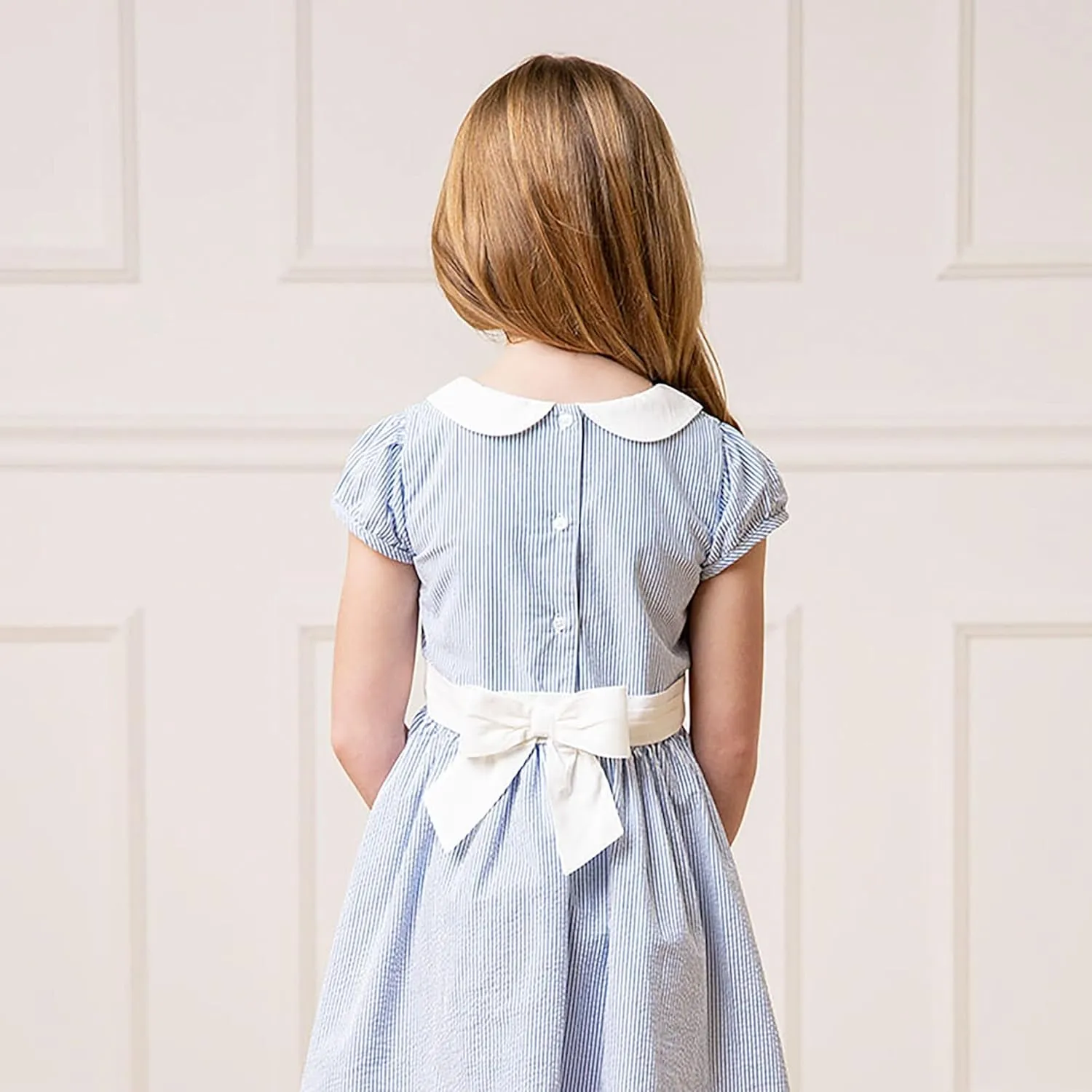 Hope & Henry Layette Baby Girl Woven Short Sleeve Dress with Peter Pan Collar